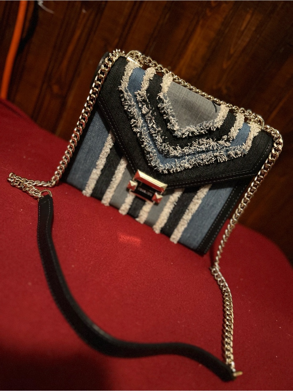 Michael Kors Striped Fringed Denim Crossbody with Gold Chain